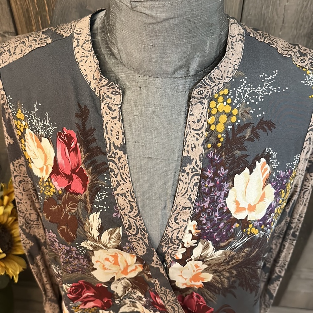 Anthropologie Gray Floral Wrap-Style Blouse with Cream, Red, Yellow Accents - Picture 3 of 9